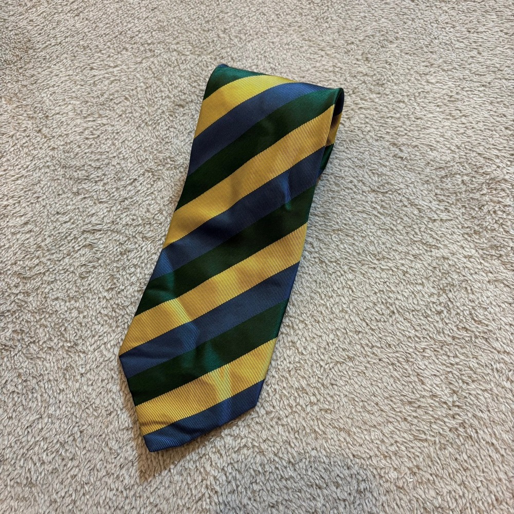 Hugo Boss Mens Silk Tie Green Yellow Blue Diagonal Stripe Made in Italy 58in